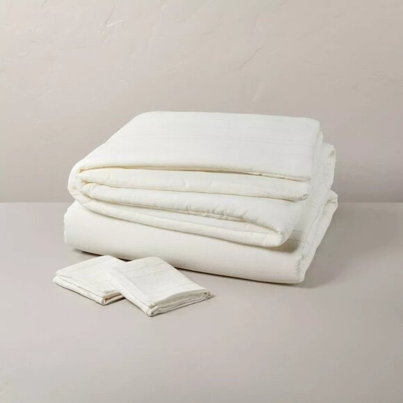 Hearth & Hand Taupe Thin Stripe & Sour Cream Queen Sz 3 Pc Duvet Cover Shams Set - Picture 5 of 9